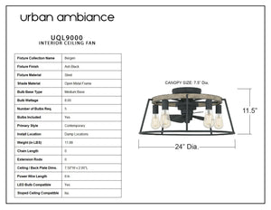 A diagram showcasing the dimensions of the luxurious UQL9000 Contemporary Ceiling Fan 11.5''H x 24''W in an Ash Black Finish from Urban Ambiance's Bergen Collection.