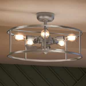An UQL9011 Vintage Ceiling Fan 8.25''H x 23.75''W, Brushed Nickel Finish, Fareham Collection with four lights and a metal frame is a beautiful