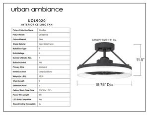 A diagram showing the dimensions of the UQL9020 Minimalist Ceiling Fan 11.5''H x 19.75''W, Oil Rubbed Finish, Woodley Collection by Urban Amb