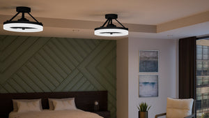 A beautiful bedroom with a UQL9020 Minimalist Ceiling Fan 11.5''H x 19.75''W, Oil Rubbed Finish, Woodley Collection by Urban Ambiance and