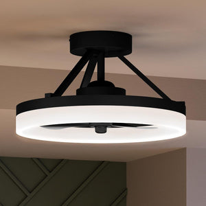 An UQL9020 Minimalist Ceiling Fan with a circular light from Urban Ambiance, featuring a unique design and an oil rubbed finish.