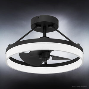 An UQL9020 Minimalist Ceiling Fan 11.5''H x 19.75''W, Oil Rubbed Finish, Woodley Collection ceiling fan with a beautiful white light.