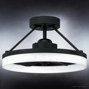 An Urban Ambiance UQL9020 Minimalist Ceiling Fan 11.5''H x 19.75''W, Oil Rubbed Finish, Woodley Collection with a white light fixture.