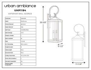 Line drawing of the Urban Ambiance UHP1194 Colonial Outdoor Wall Light from the Calderdale Collection; lantern-style with beveled glass and an Olde Bronze finish, measuring 30-5/8″ high, 9-1/2″ wide, and 11-1/4″ deep. Suitable for wet locations and accommodates a 60W bulb, this classic colonial-inspired fixture blends timeless style with durability.