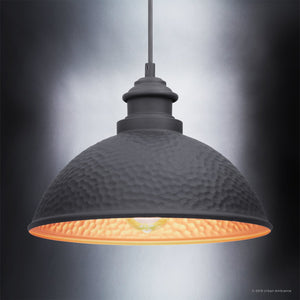 The UHP1171 Hammered Outdoor Pendant Light from Urban Ambiance’s Firenze Collection features a dome-shaped design with an 8″ x 12″ profile and a hammered midnight black finish, suspended by a cord and casting warm downward light against a neutral gradient background.
