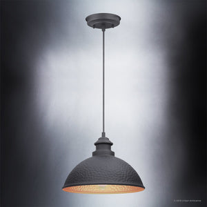 The Urban Ambiance UHP1171 Hammered Outdoor Pendant Light from the Firenze Collection, featuring a midnight black textured two-tone dome-shaped shade and measuring 8″ x 12″, hangs from a ceiling mount against a gradient gray background.