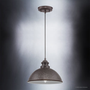 A beautiful UHP1172 Hammered Outdoor Pendant Light with a gorgeous metal shade and a black background.