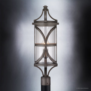 A Gorgeous Rustic Outdoor Post / Pier Lighting Fixture with a glass shade.