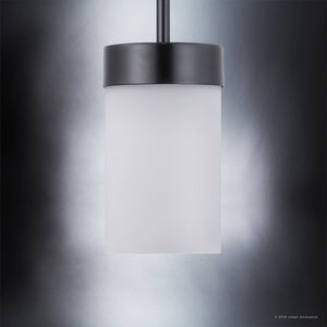 A beautiful pendant light from the Madison Collection with a unique Midnight Black Finish and white glass shade.