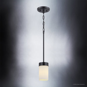 A unique pendant light with a gorgeous white glass shade, part of the Madison Collection in a midnight black finish.