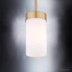 The Urban Ambiance UHP2309 Transitional Pendant Light from the Madison Collection features a brushed bronze finish, a 7″ x 5-1/8″ silhouette, and an etched glass cylinder shade, shown against a gradient gray background.