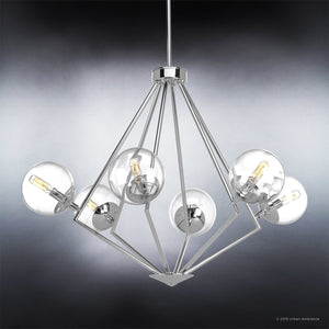 The Urban Ambiance UHP2624 Modern Chandelier from the Costa Mesa Collection showcases a contemporary industrial design with polished chrome-finished arms supporting six exposed round bulbs within clear glass globes, arranged asymmetrically and suspended against a gray gradient background. The fixture measures 24-7/8″ by 34″.