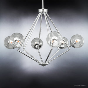 The Urban Ambiance UHP2624 Modern Chandelier from the Costa Mesa Collection features a geometric polished chrome frame and six exposed clear glass globes, measuring 24-7/8″ x 34″, and is elegantly suspended against a gradient gray background.