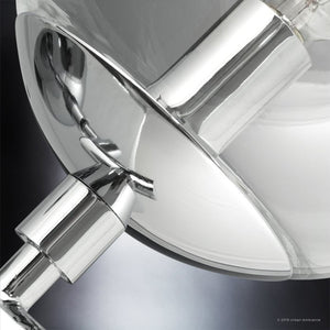 Close-up of the Urban Ambiance UHP2624 Modern Chandelier from the Costa Mesa Collection, measuring 24-7/8″ x 34″, featuring a polished chrome finish and clear glass globes that accentuate its reflective metal surfaces.