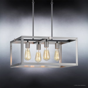 A beautiful Urban Ambiance UHP2753 Modern Farmhouse Farmhouse Chandelier, Stainless Steel Finish with three unique light bulbs hanging from it.