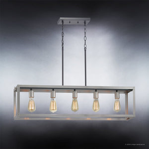 The Urban Ambiance UHP2754 Modern Farmhouse Chandelier from the Messina Collection features a rectangular, metal frame in a stainless steel finish and is suspended by two rods and chains. This modern chandelier measures 9-3/4″ x 38″ and displays five exposed Edison bulbs against a gradient gray background.