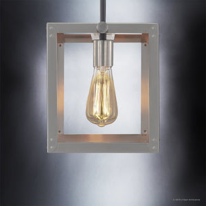 A pendant light from the Urban Ambiance UHP2754 Modern Farmhouse Chandelier, featuring an exposed filament bulb suspended within a square stainless steel frame, is showcased against a gradient gray background—capturing the sleek elegance of the Messina Collection and offering the contemporary allure of modern farmhouse design.