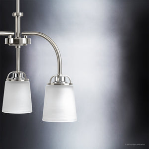 Three unique UHP2763 Transitional Chandeliers with frosted glass shades, from the Urban Ambiance Boise Collection.