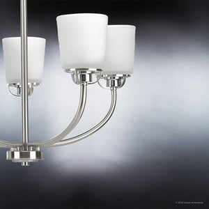 Three unique UHP2765 Transitional Chandeliers with white shades on a black background by Urban Ambiance.