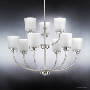 A beautiful UHP2767 Transitional Chandelier with white shades by Urban Ambiance.