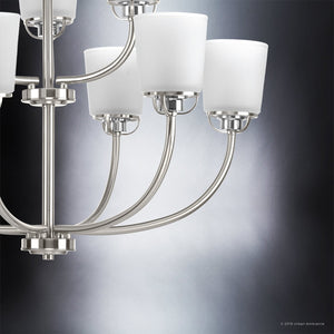 Six luxury UHP2767 Transitional Chandeliers with white shades on a black background, by Urban Ambiance.
