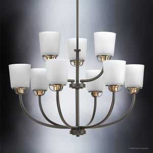Showcased against a neutral gradient background, the UHP2768 Transitional Chandelier from the Boise Collection by Urban Ambiance features a sophisticated two-tier design in Olde Bronze finish, measuring 20-3/8″ x 31-1/4″. With its ten upward-facing frosted glass shades and dark metal frame, this chandelier is ideal for those seeking striking contemporary lighting fixtures with modern elegance.