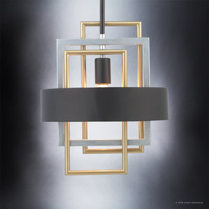 The UHP2781 Modern Pendant Light from Urban Ambiance’s Vegas Collection showcases a geometric design with gold and silver rectangular frames surrounding a central midnight black lampshade. This 14-5/8″ x 12″ stainless steel fixture, suspended against a gradient gray backdrop, offers a sleek and contemporary accent for any interior.
