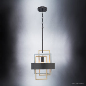 Upgrade your space with the UHP2781 Modern Pendant Light from Urban Ambiance’s Vegas Collection. Featuring a sleek, midnight black finish and geometric design, this striking 14-5/8″ x 12″ pendant showcases a round black shade framed by gold accents and suspended from a black chain. Crafted from stainless steel, it offers contemporary style and elegance, perfect for those seeking an eye-catching lighting statement.
