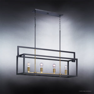 The Urban Ambiance UHP2801 Modern Farmhouse Chandelier from the Cordoba Collection features a rectangular black and gold geometric design with four exposed bulbs, suspended by two chains against a gradient gray background. Measuring 17-1/4″ x 40-7/8″ with a stylish charcoal finish, this chandelier brings vintage-inspired lighting to any space.