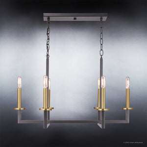 A luxurious Urban Ambiance UHP2802 Modern Farmhouse Chandelier, with a beautiful Charcoal Finish from the Cordoba Collection, featuring four stunningly designed hanging lights.