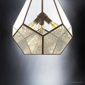 The UHP2851 Mid-Century Modern Chandelier from Urban Ambiance’s Bari Collection, measuring 25-7/8″ x 19″, features mirrored panels and exposed bulbs suspended against a gradient background. Its elegant Olde Bronze finish beautifully enhances the chandelier’s striking mid-century modern design.