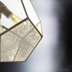 Close-up of the Urban Ambiance UHP2851 Mid-Century Modern Chandelier from the Bari Collection, featuring a geometric pendant design with a visible bulb and frosted, textured glass panels in an elegant Olde Bronze finish, set against a gradient background.