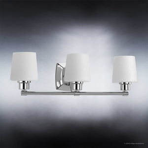 Three UHP2872 Industrial Chic Bathroom Vanity Light with gorgeous white shades, Urban Ambiance.