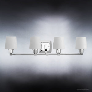 Four beautiful UHP2874 Industrial Chic Bathroom Vanity Lights with white shades on a white background by Urban Ambiance.