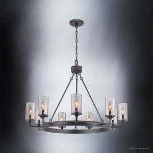 The Urban Ambiance UHP2892 XL Rustic Chandelier from the Livorno Collection features a charcoal finish and eight exposed bulbs in cylindrical glass shades, each suspended by a chain for a striking industrial look. Size: 24-7/8