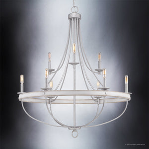 The Urban Ambiance UHP2902 XL Farmhouse Chandelier from the Adelaide Collection features an open cage design in a galvanized steel finish, measuring 40-1/2″ by 35″, with eight exposed light bulbs arranged in two tiers, showcased against a gradient background.
