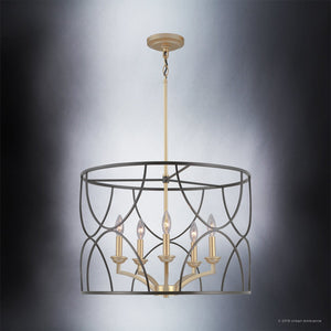 The UHP2912 French Rustic Chandelier from the Breda Collection by Urban Ambiance features a bold round, geometric metal frame in a sophisticated Midnight Black finish, with four exposed candle-style bulbs suspended from a ceiling mount against a gradient gray background—a striking statement lighting fixture for any room.