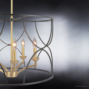 The Urban Ambiance UHP2912 French Rustic Chandelier from the Breda Collection, featuring a midnight black finish and measuring 16″ x 23″, is displayed with four candle-style lights against a neutral gradient background.