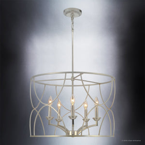 A beautiful UHP2913 French Country Chandelier with a unique metal frame and four lights, from the Breda Collection by Urban Ambiance.