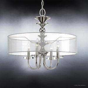 The UHP2922 Cosmopolitan Chandelier from Urban Ambiance’s Charnwood Collection features five candle-style lights, a sleek polished nickel finish, and a sheer organza drum shade. Measuring 20″ x 22″, this modern vintage-inspired fixture is suspended by a chain, creating an elegant look against the gradient backdrop.