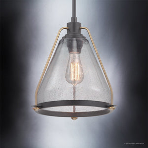 The Urban Ambiance UHP2991 Industrial Pendant Light from the Rochdale Collection features a geometric metal frame in an Olde Bronze finish and a clear glass shade, showcasing an exposed vintage-style filament bulb against a gradient gray background.
