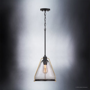 The Urban Ambiance UHP2991 Industrial Pendant Light from the Rochdale Collection features a 13″ x 13″ clear glass shade, an Olde Bronze finish with gold accents, an exposed bulb, and hangs from a black chain, set against a gray gradient background.