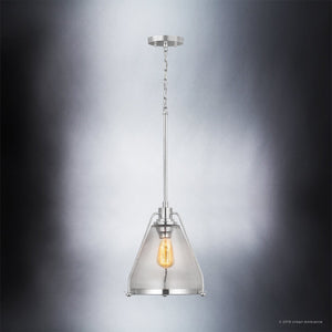 A unique lighting fixture, the UHP2992 Industrial Pendant Light from the Rochdale Collection features a polished nickel finish and clear glass shade, adding a touch of luxury to your space.