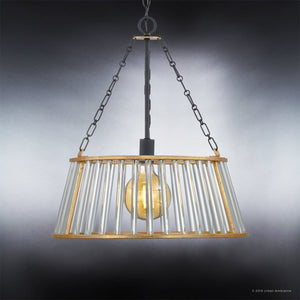 A beautiful UHP3021 Art Deco Pendant Lamp with a metal cage hanging from it.