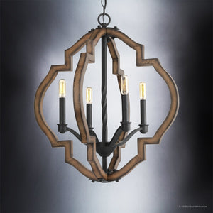 The UHP3030 Rustic Chandelier from the Wycombe Collection by Urban Ambiance features a geometric wooden frame, black metal arms, and four exposed vintage-style bulbs suspended from a chain. Measuring 24-1/2″ x 22″ with an Olde Iron finish, this farmhouse chandelier introduces rustic charm and timeless elegance to any space.
