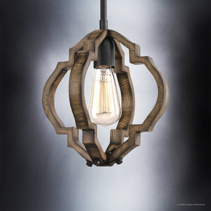 The UHP3032 Rustic Pendant Light from the Wycombe Collection by Urban Ambiance features a geometric wooden frame with a subtle quatrefoil design, surrounding an exposed Edison-style bulb. Measuring 11″ x 10″ and finished in Olde Iron, this pendant is suspended by a black cord and brings character and charm to any space.